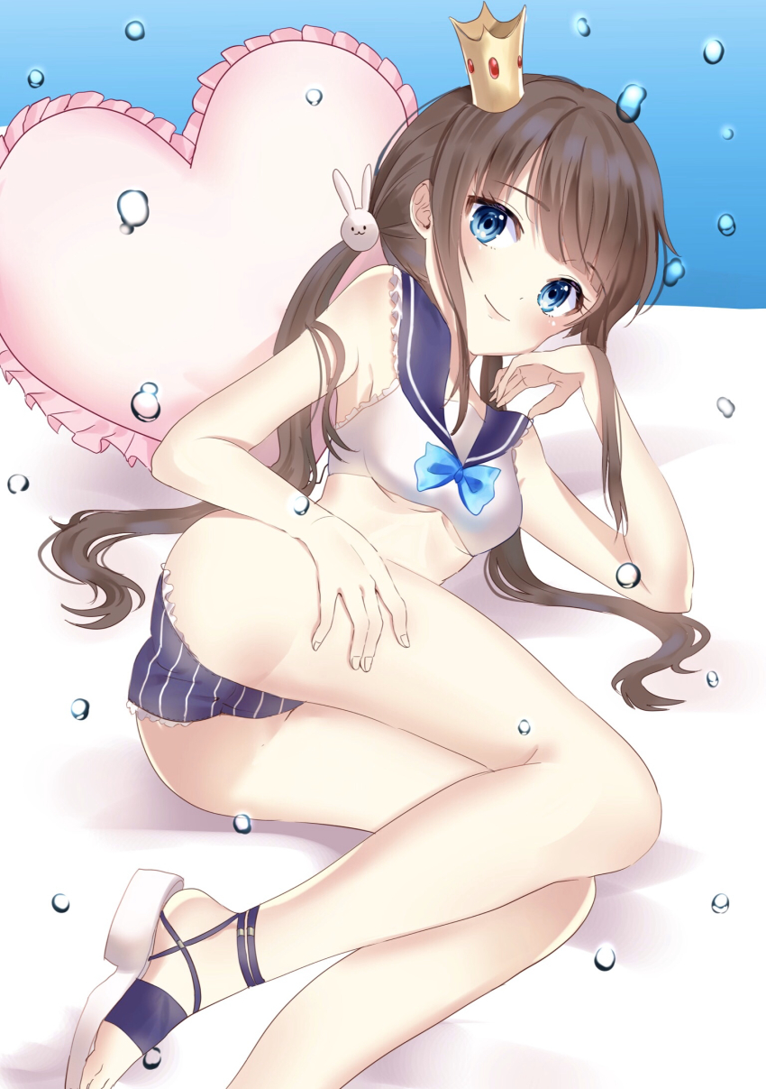 1girl, ass, bikini, blue_bow, blue_bowtie, blue_eyes, blunt_bangs, bow