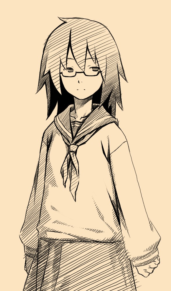 glasses, kitahara_aya, monochrome, nfb-zmc, onanie_master_kurosawa, school_uniform, serafuku, simple_background