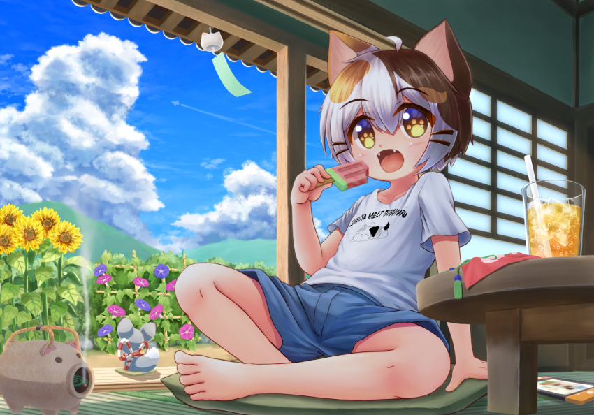 1boy, ahoge, animal_ears, barefoot, blouse, brown_eyes, brown_hair, calico_(pattern)