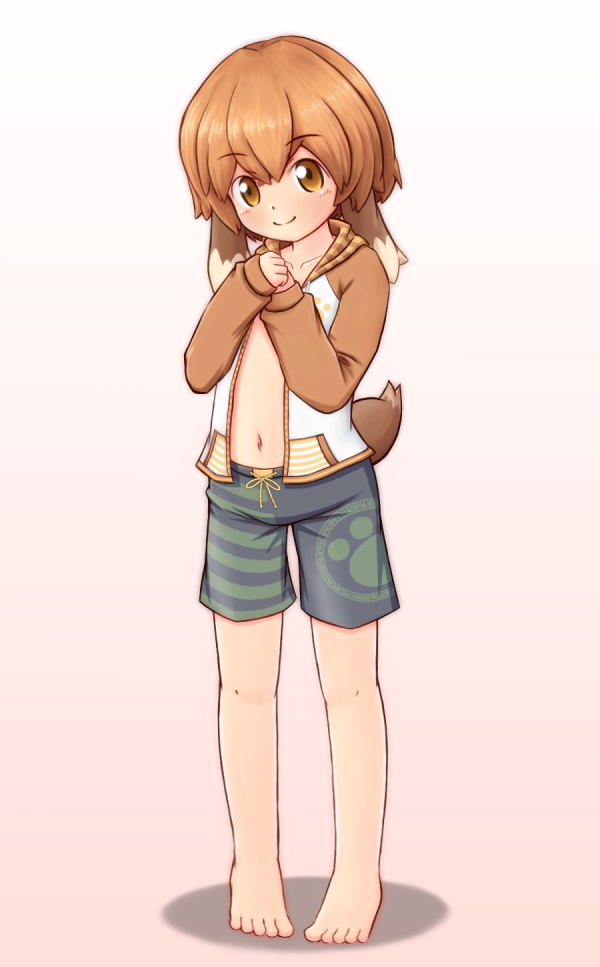 1boy, animal_ears, barefoot, blue_male_swimwear, blue_swim_trunks, blush, brown_eyes, brown_hair