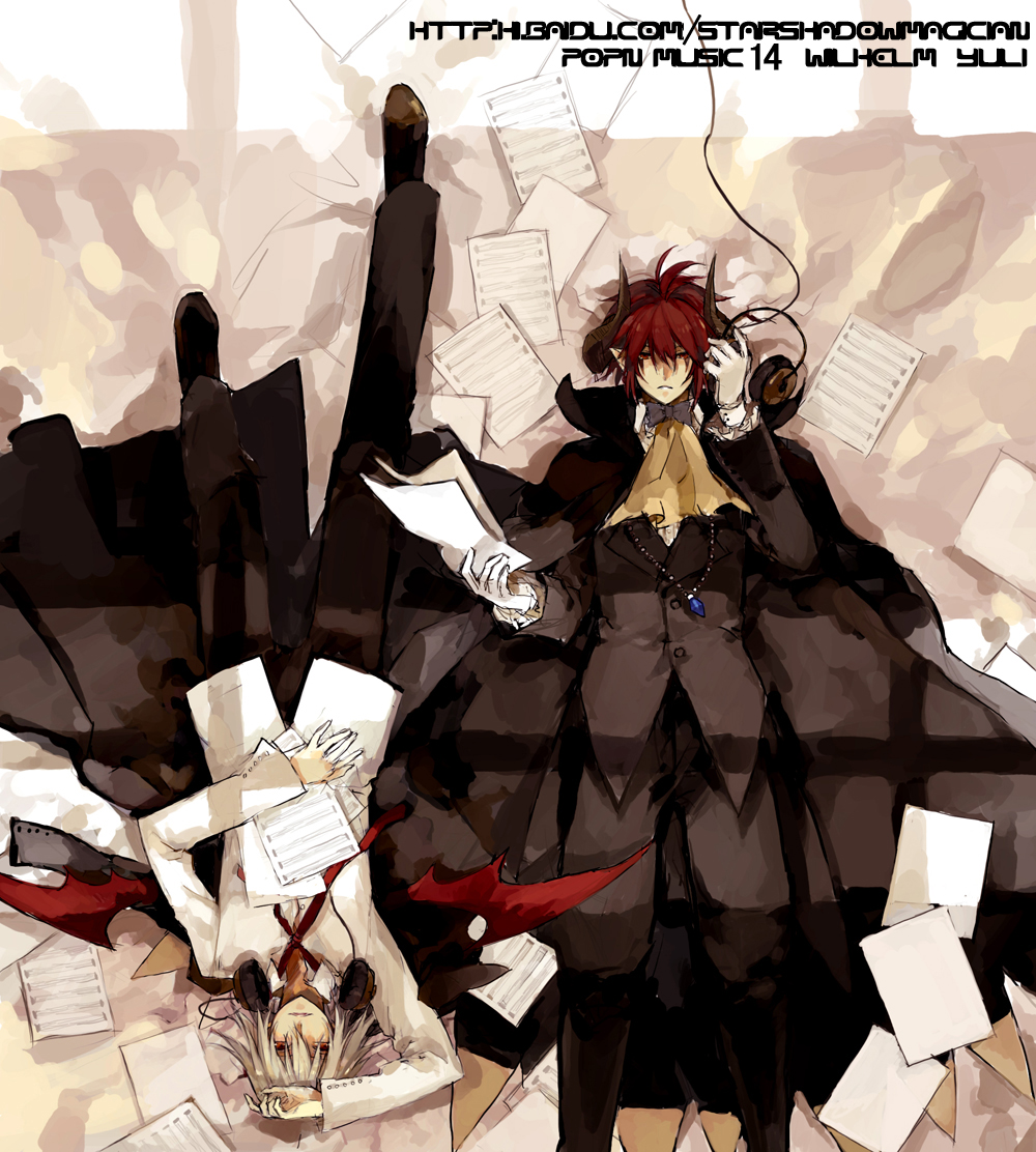 2boys, bat_wings, bemani, blonde_hair, bow, bowtie, closed_eyes, formal_clothes