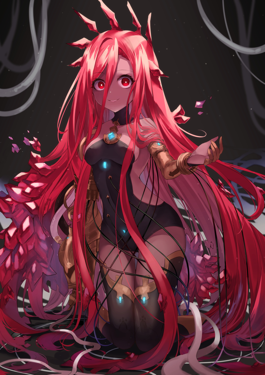 1girl, 40_(0f0urw), absurdres, bare_shoulders, black_leotard, black_thighhighs, breasts, crown