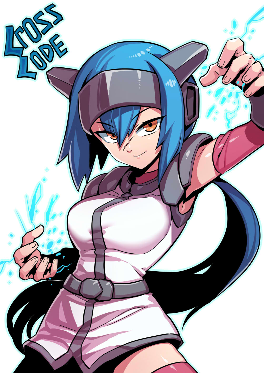 1girl, arm_warmers, armor, blue_hair, breasts, closed_mouth, crosscode, dress, hair_between_eyes, helmet, highres, jacket, lea_(crosscode), long_hair, looking_at_viewer, pauldrons, ponytail, red_thighhighs, scar, scar_on_face, scar_on_nose, shoulder_armor, sidelocks, smile, solo, standing, thighhighs, tukiwani, white_background