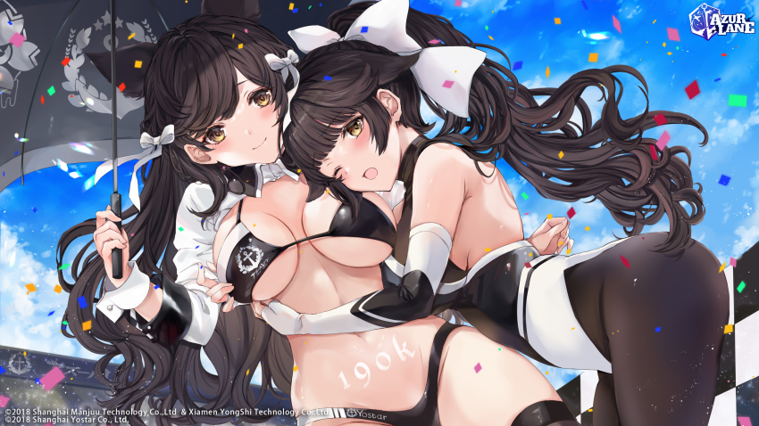 2girls, ;d, animal_ears, armpit_crease, atago_(azur_lane), atago_(stunning_speedster)_(azur_lane), azur_lane, bare_shoulders