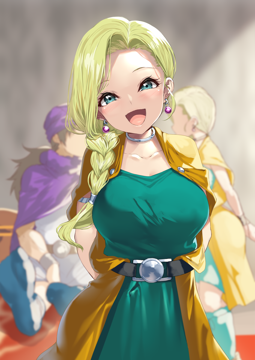 1boy, 2girls, :d, arms_behind_back, belt, bianca_(dq5), black_belt, blonde_hair, blue_dress, blue_eyes, blurry, blurry_background, braid, brown_jacket, cape, character_request, commentary_request, depth_of_field, dragon_quest, dragon_quest_v, dress, earrings, head_tilt, hero_(dq5), highres, jacket, jewelry, long_hair, long_sleeves, looking_at_viewer, multiple_girls, multiple_views, open_mouth, parted_bangs, purple_cape, purple_headwear, purple_turban, smile, turban, yappen