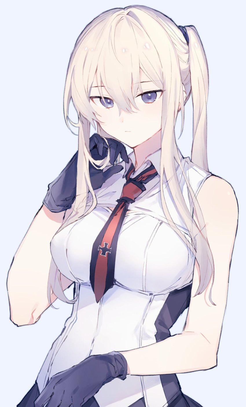 1girl, adapted_costume, bad_id, bad_twitter_id, black_gloves, blonde_hair, blue_background, breasts, closed_mouth, gloves, graf_zeppelin_(kancolle), hair_between_eyes, highres, jpeg_artifacts, kantai_collection, large_breasts, long_hair, military, military_uniform, missing_headwear, ponko_(damachida), purple_eyes, sidelocks, simple_background, sleeveless, solo, twintails, upper_body