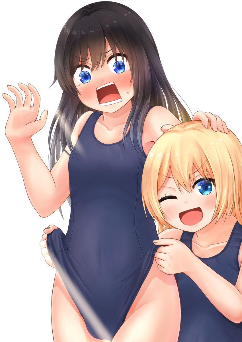 2girls, asashio_(kancolle), bad_anatomy, bad_neck, black_hair, black_one-piece_swimsuit, blonde_hair, blue_eyes