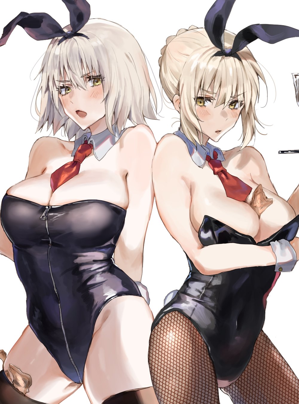2girls, animal_ears, artoria_pendragon_(fate), back-to-back, blonde_hair, blush, breasts, collar