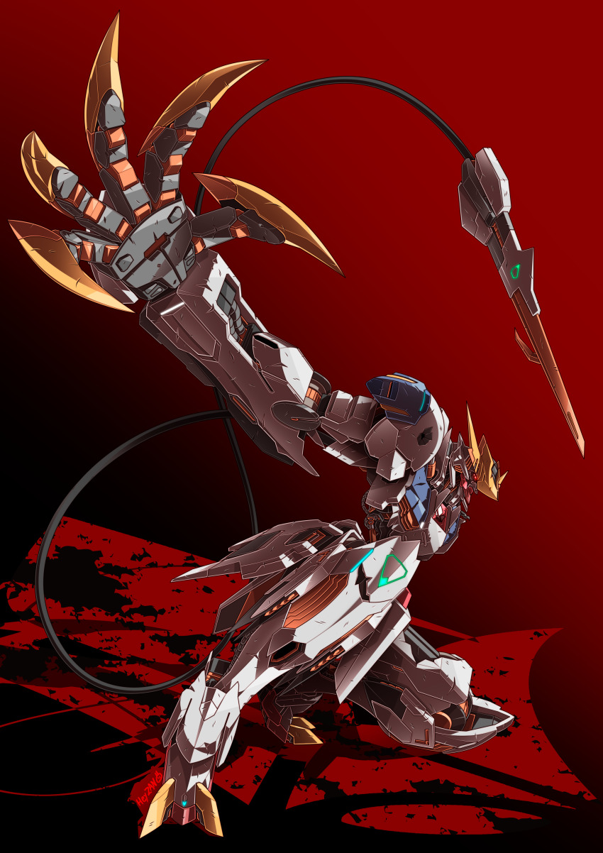 absurdres, claws, dynamic_pose, glowing, glowing_eyes, gradient_background, gundam, gundam_barbatos
