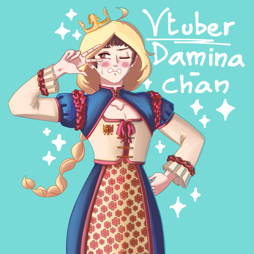 1boy, absurdres, ahoge, arm_up, averting_eyes, blonde_hair, blue_background, blue_skirt