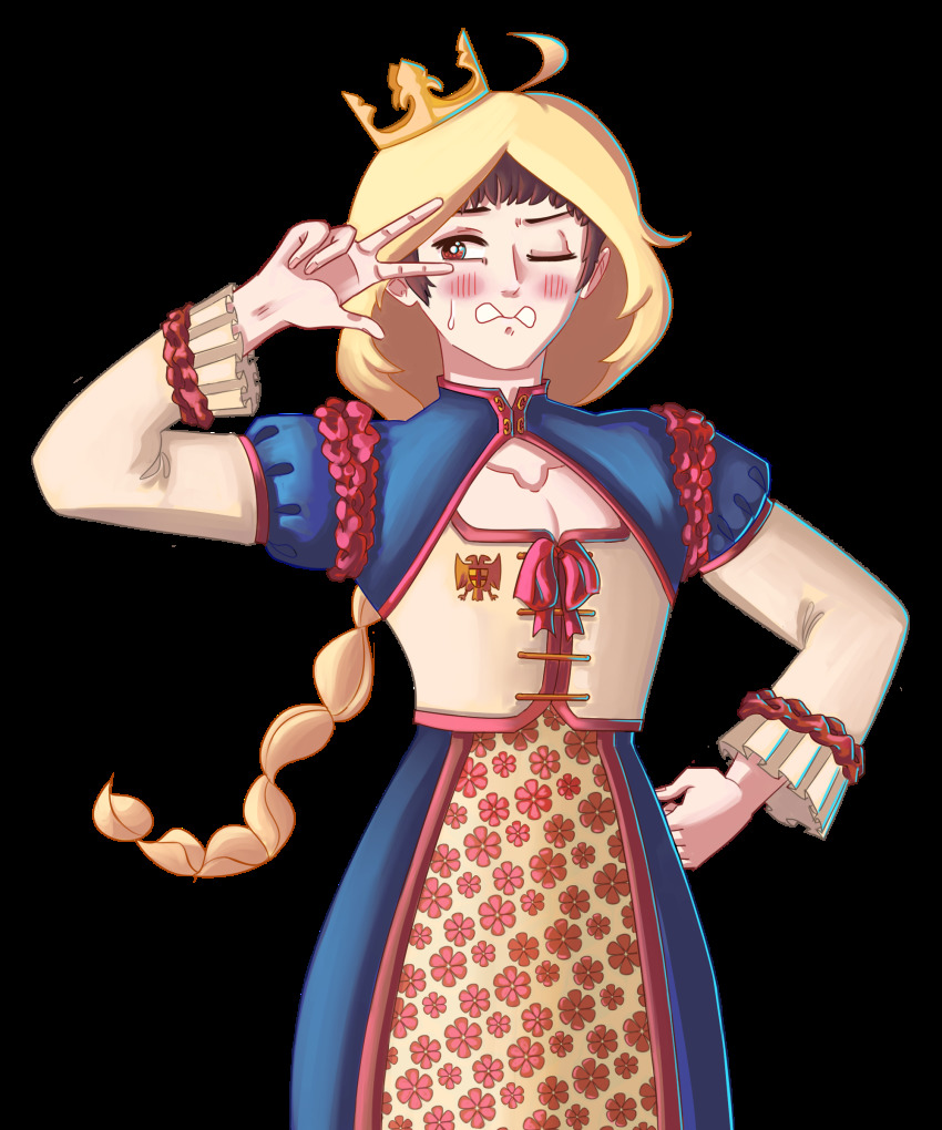 1boy, absurdres, ahoge, arm_up, averting_eyes, blonde_hair, blue_skirt, blush