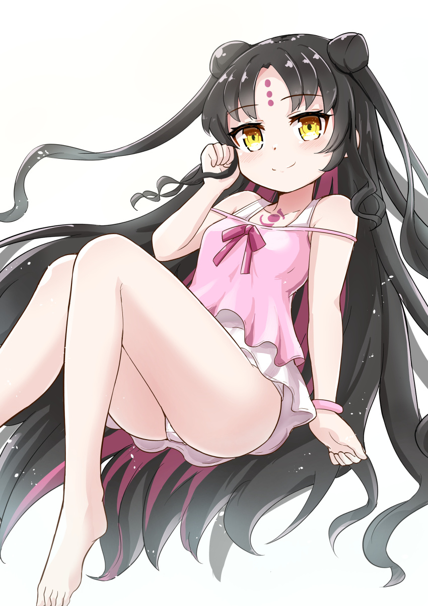 absurdres, ass, barefoot, black_hair, brown_eyes, camisole, double_bun, erobear