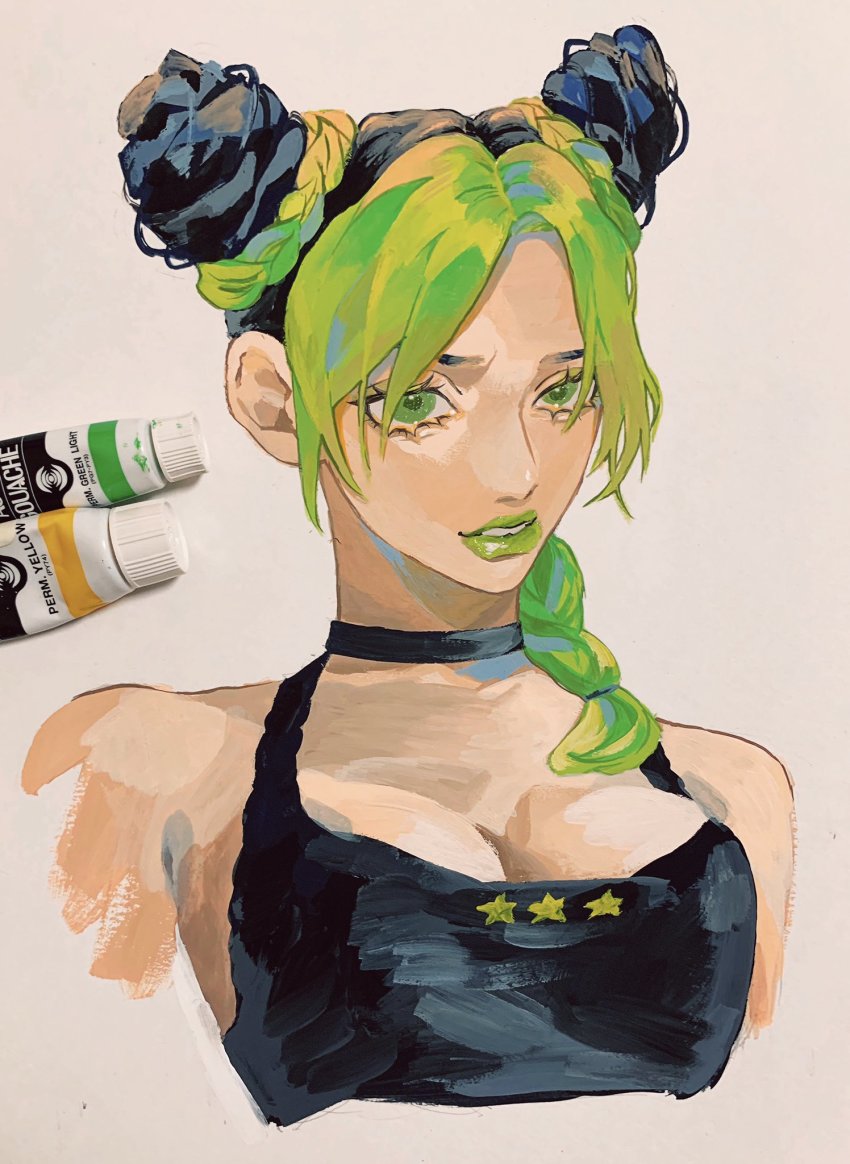 1girl, art_tools_in_frame, black_choker, black_hair, black_tank_top, braid, braided_bun, breasts, choker, cleavage, commentary, cone_hair_bun, double_bun, eyelashes, green_eyes, green_hair, green_lips, grey_background, hair_bun, highres, jojo_no_kimyou_na_bouken, kuujou_jolyne, lips, lipstick, looking_at_viewer, makeup, medium_breasts, medium_hair, multicolored_hair, paint, paint_tube, painting_(medium), parted_bangs, photo_(medium), simple_background, sleeveless, solo, sriokorr, stone_ocean, tank_top, traditional_media, two-tone_hair, upper_body, watercolor_(medium)