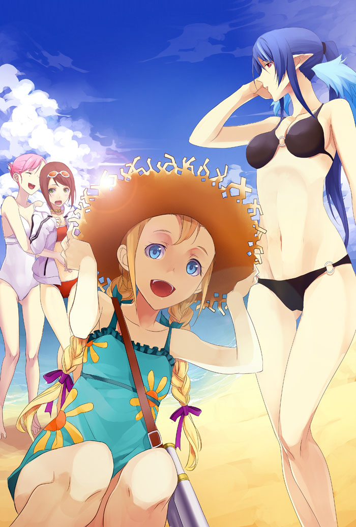 00s, 4girls, bad_id, bad_pixiv_id, beach, bikini, blonde_hair, blue_eyes