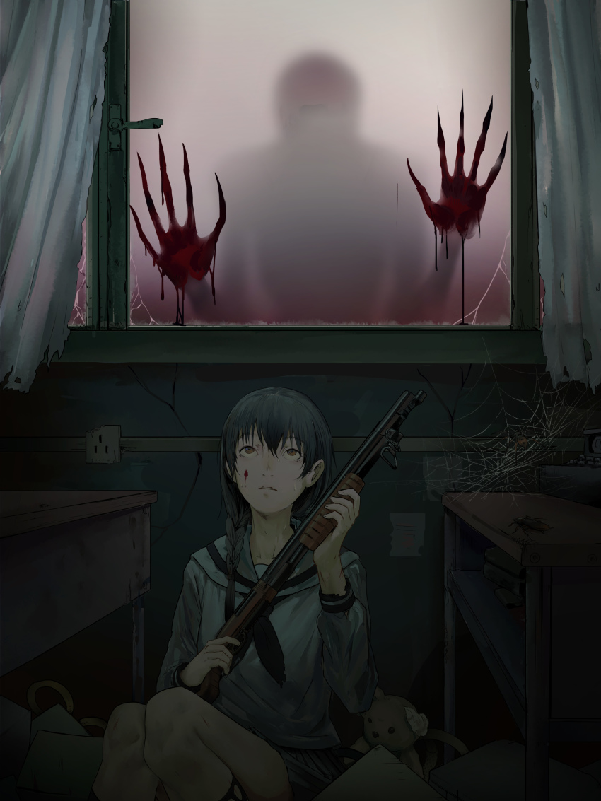 1girl, 1other, absurdres, animal, black_hair, black_legwear, blood, blood_on_face, blood_on_hands, bloody_handprints, blurry, brown_eyes, bug, claws, cockroach, crack, cracked_wall, curtains, desk, dripping, electrical_outlet, googerm, gun, hair_between_eyes, handprint, hiding, highres, holding, holding_gun, holding_weapon, horrified, horror_(theme), insect, long_hair, looking_up, monster, original, parted_lips, photoshop_(medium), pump_action, school_uniform, serafuku, shotgun, silhouette, silk, sitting, spider_web, stuffed_animal, stuffed_toy, sweat, teddy_bear, torn_clothes, torn_legwear, weapon, winchester_model_1897, window