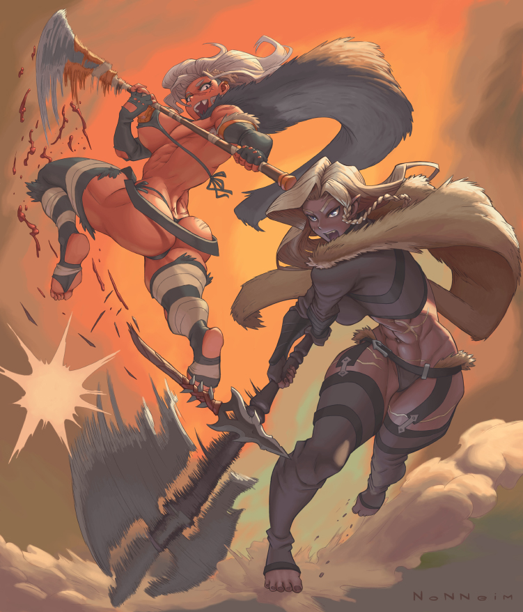 2girls, abs, armor, ass, axe, bikini_armor, blonde_hair, blood