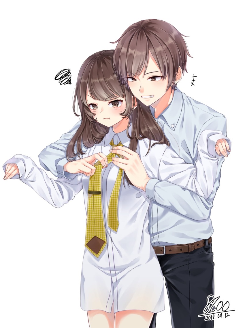 1boy, 1girl, annoyed, belt, blush, brown_eyes, brown_hair, dated