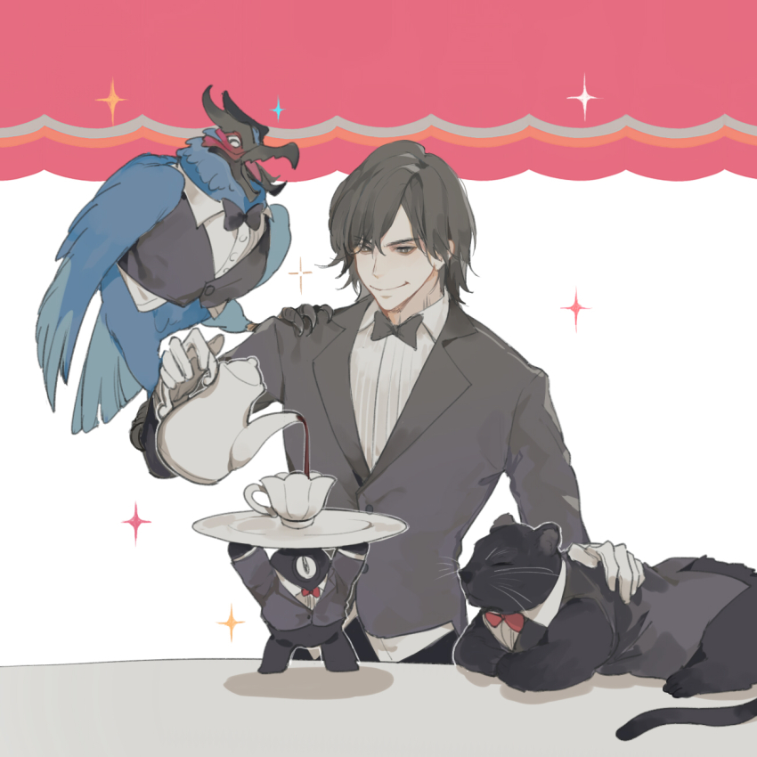 1boy, animal, animal_on_shoulder, arms_up, bird, black_eyes, black_hair, black_neckwear