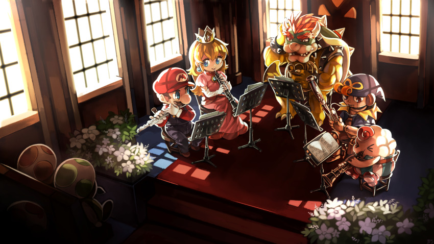 1girl, blonde_hair, blue_eyes, bowser, character_request, crown, dress, earrings