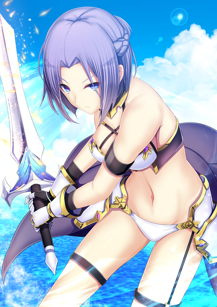 1girl, arm_strap, armor, bare_shoulders, bikini, bikini_armor, black_gloves, blue_eyes