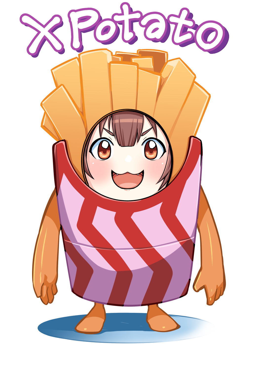 1girl, :3, :d, animal_ears, arms_at_sides, blush, brown_eyes, brown_hair, classictime, commentary_request, cosplay, dog_ears, dog_girl, fall_guy, fall_guy_(cosplay), fall_guys, fangs, french_fry_costume, hair_between_eyes, highres, hololive, inugami_korone, looking_at_viewer, open_mouth, orange_theme, simple_background, smile, solo, standing, straight-on, tachi-e, v-shaped_eyebrows, virtual_youtuber, white_background