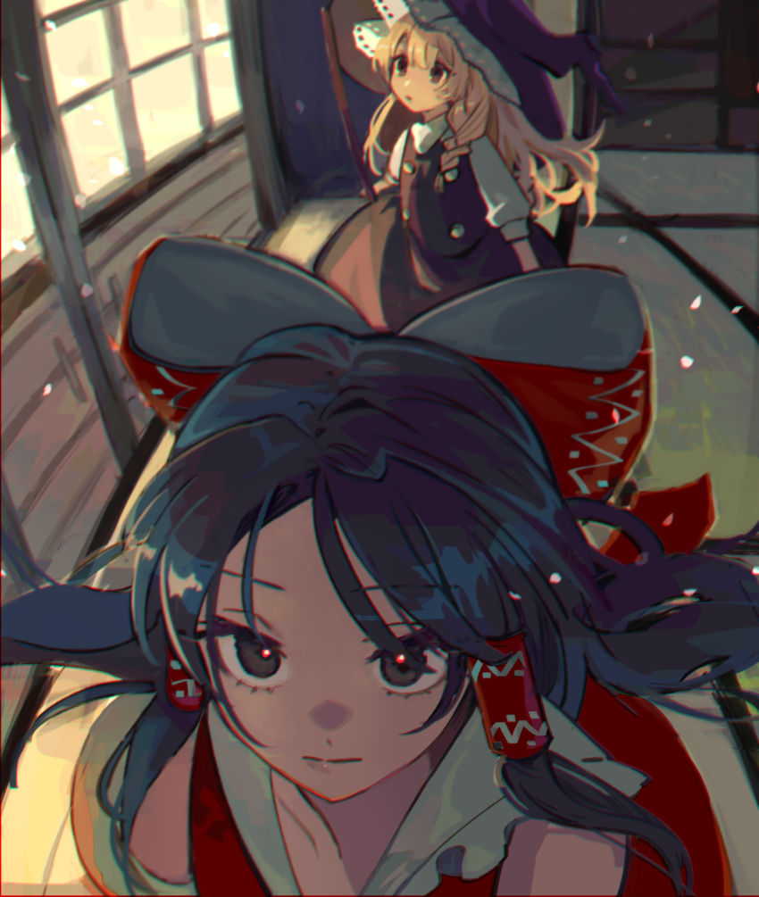 2girls, absurdres, black_hair, black_headwear, black_skirt, black_vest, blonde_hair, bow, braid, chromatic_aberration, commentary_request, detached_sleeves, hair_bow, hair_tubes, hakurei_reimu, hat, highres, indoors, kirisame_marisa, long_hair, multiple_girls, red_bow, red_shirt, shi_chimi, shirt, shouji, single_braid, skirt, sliding_doors, touhou, upper_body, vest, white_shirt, witch_hat