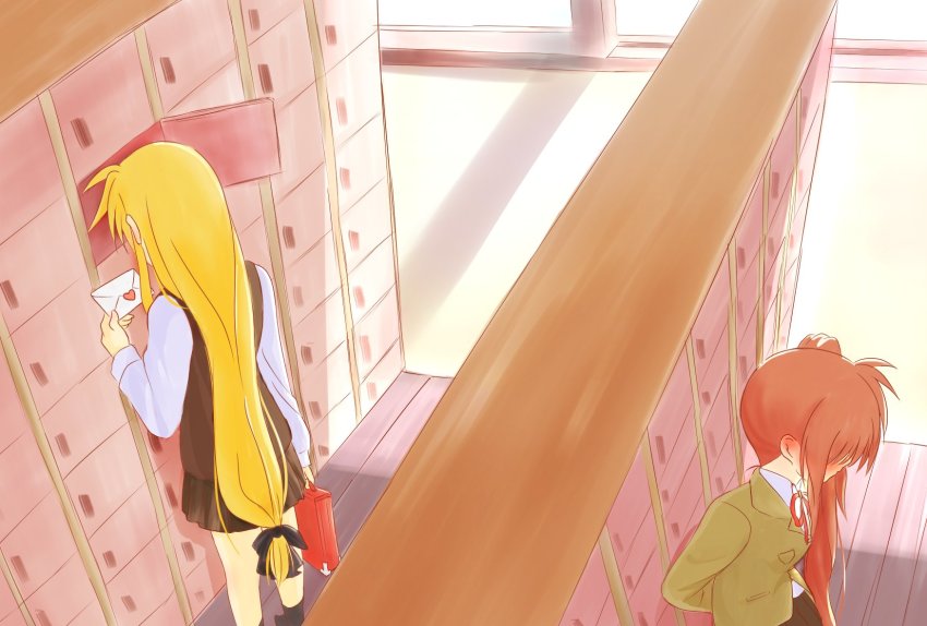 2girls, bag, blonde_hair, blush, couple, embarrassed, fate_testarossa, heart