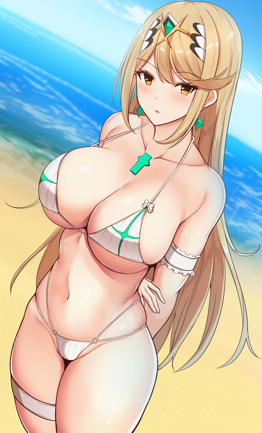 1girl, arm_garter, arms_behind_back, bare_shoulders, beach, bikini, blonde_hair, blue_sky
