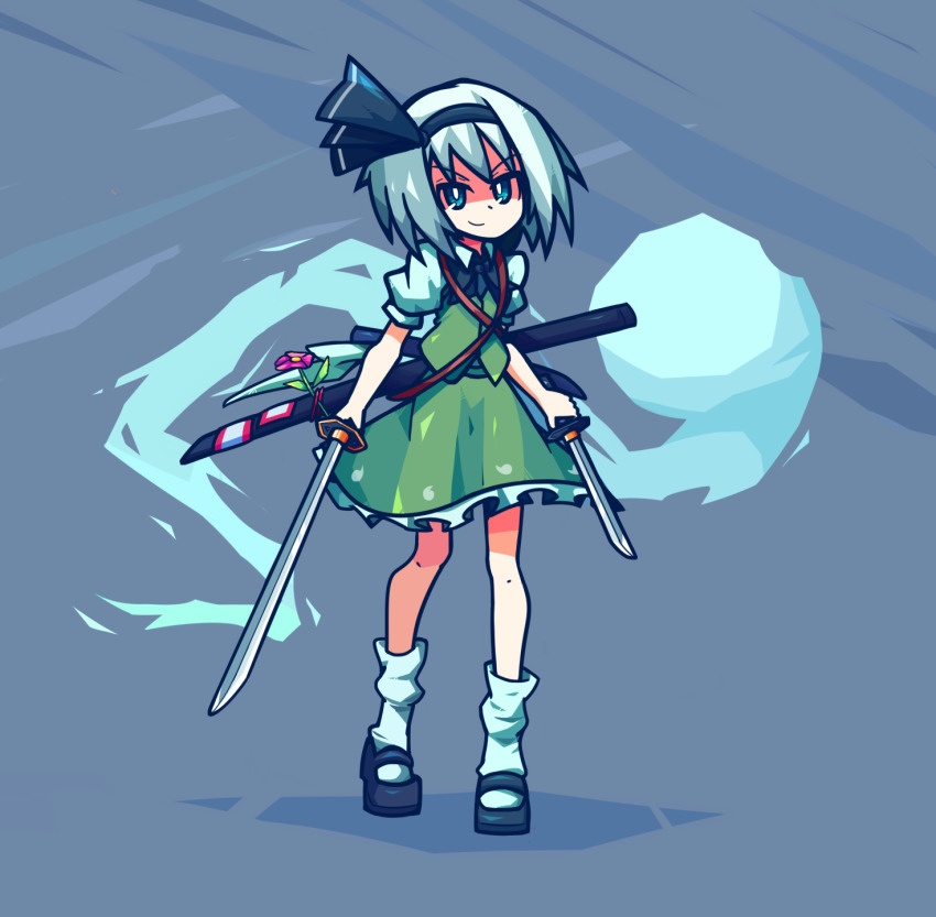 dual_wielding, flower, fog, green_skirt, highres, holding, katana, konpaku_youmu, sandals, silver_hair, skirt, smallendu, socks, solo, sword, touhou, weapon