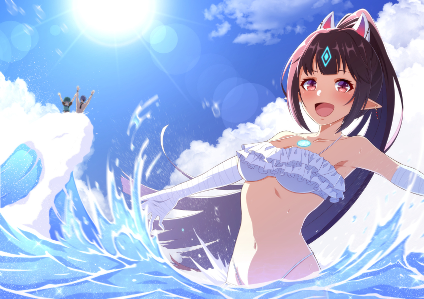 1boy, 2girls, :d, animal_ears, armpits, arms_up, bandaged_arm, bandages