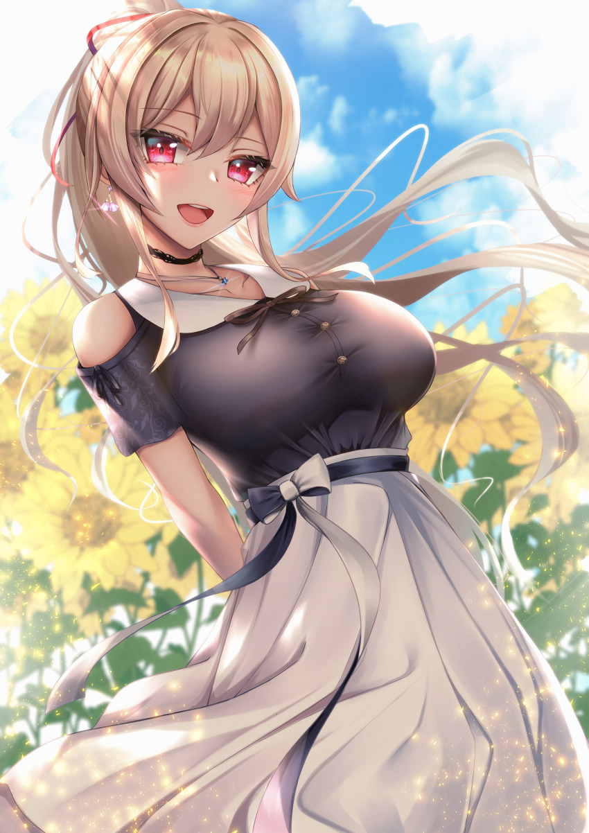 1girl, :d, absurdres, arms_behind_back, black_shirt, blonde_hair, blouse, blue_sky