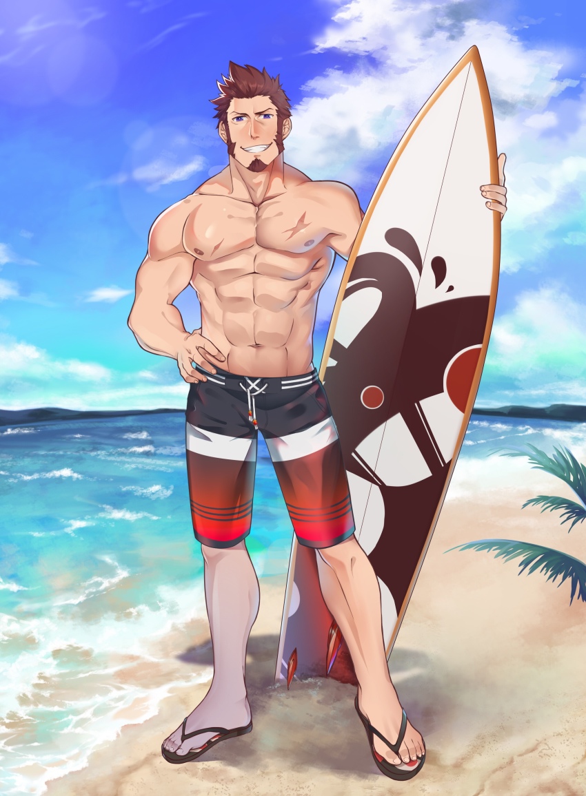 1boy, abs, absurdres, alternate_costume, bara, beard, blue_eyes, brown_hair