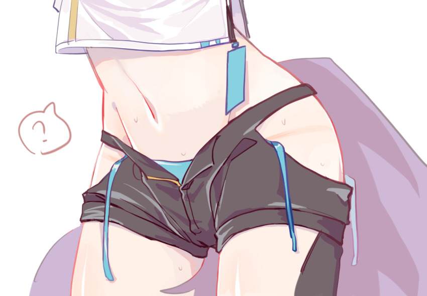 1girl, ?, arknights, bikini, bikini_shorts, bikini_under_clothes, black_shorts, blue_bikini, clothing_cutout, commentary_request, crop_top, groin, hip_vent, kemono_(fukanasumi), large_tail, lower_body, midriff, navel, navel_focus, official_alternate_costume, open_clothes, provence_(arknights), provence_(casual_vacation)_(arknights), quiver, shirt, short_shorts, shorts, simple_background, solo, spoken_question_mark, standing, sweat, swimsuit, tail, untied_bikini, white_background, white_shirt, wolf_tail