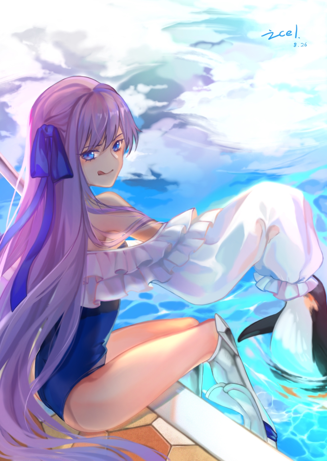 1girl, bare_shoulders, bird, blue_eyes, blue_one-piece_swimsuit, fate/grand_order, fate_(series), frilled_one-piece_swimsuit