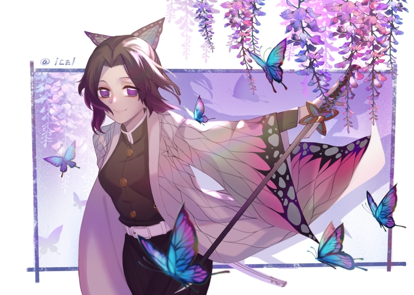 1girl, belt, black_hair, breasts, bug, butterfly, butterfly_hair_ornament, gradient_hair, hair_ornament, haori, highres, icelernd, insect, japanese_clothes, katana, kimetsu_no_yaiba, kochou_shinobu, long_sleeves, looking_at_viewer, multicolored_hair, no_pupils, parted_bangs, plant, purple_eyes, purple_hair, short_hair, simple_background, smile, solo, sword, too_many, too_many_butterflies, weapon