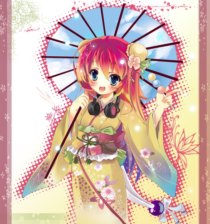 1girl, blue_eyes, blush, female_focus, flower, headphones, japanese_clothes, minami