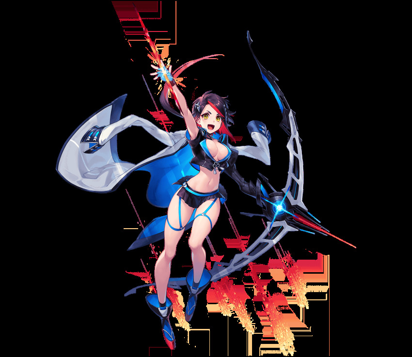 1girl, arm_up, armpits, arrow_(projectile), bow_(weapon), breasts, brown_hair, cleavage