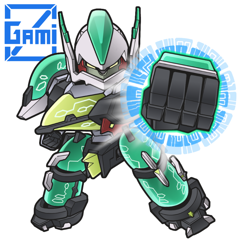 artist_name, chibi, clenched_hands, gamiani_zero, glowing, glowing_hand, looking_at_viewer, mecha