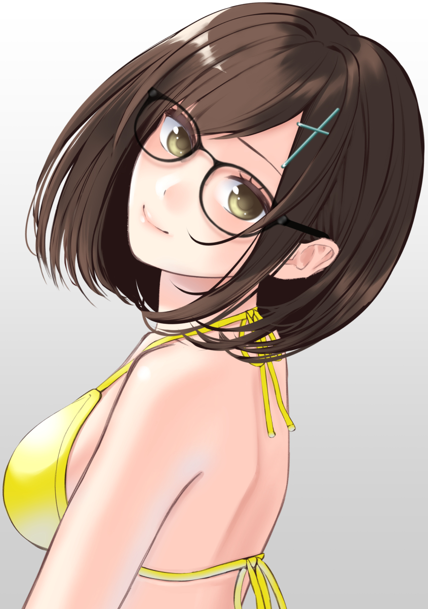 1girl, bikini, black-framed_eyewear, black_hair, glasses, gradient_background, grey_background, hair_ornament, halterneck, hami_(hami-gerden), highres, looking_at_viewer, medium_hair, original, shoulder_blades, smile, swimsuit, upper_body, yellow_bikini
