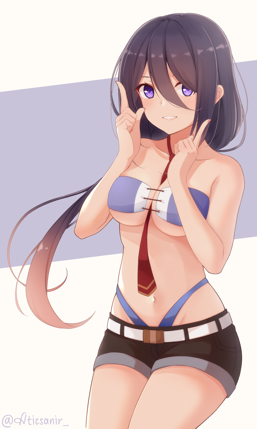 1girl, ariake_(kancolle), ariake_(swimsuit)_(kancolle), aticsanir, between_breasts, bikini, black_hair, breasts