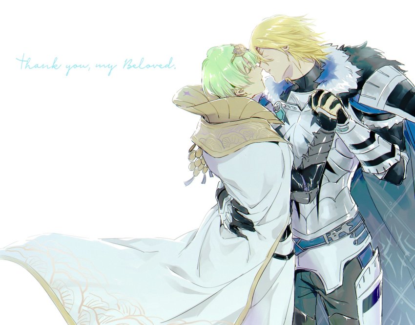 2boys, armor, blonde_hair, cloak, crest, dimitri_alexandre_blaiddyd, dimitri_alexandre_blaiddyd_(king_of_faerghus), dimitri_alexandre_blaiddyd_(timeskip)