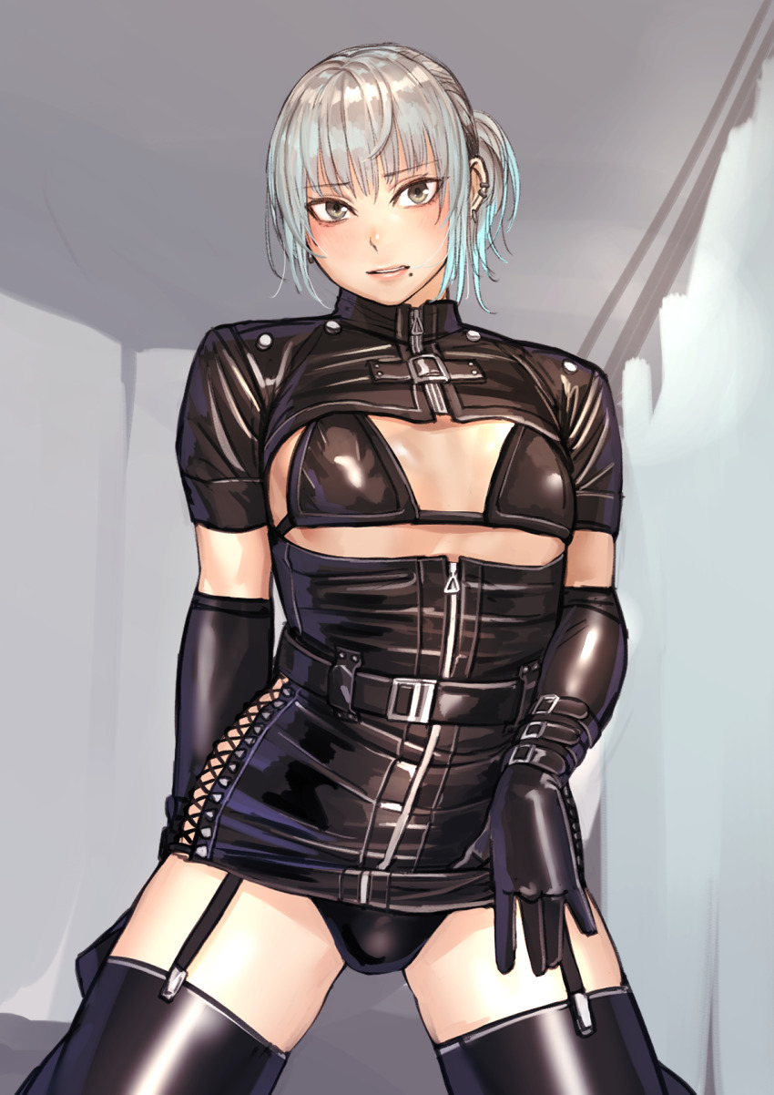 1boy, black_thighhighs, blonde_hair, bodysuit, earrings, garter_straps, grey_eyes, highres, jewelry, kilye_kairi, latex, latex_bodysuit, male_focus, mole, mole_under_mouth, original, siki_(purple_software), skin_tight, thighhighs, trap