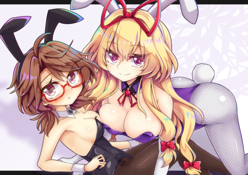 2girls, :o, ahoge, all_fours, alternate_costume, animal_ears, armpit_peek, bare_arms