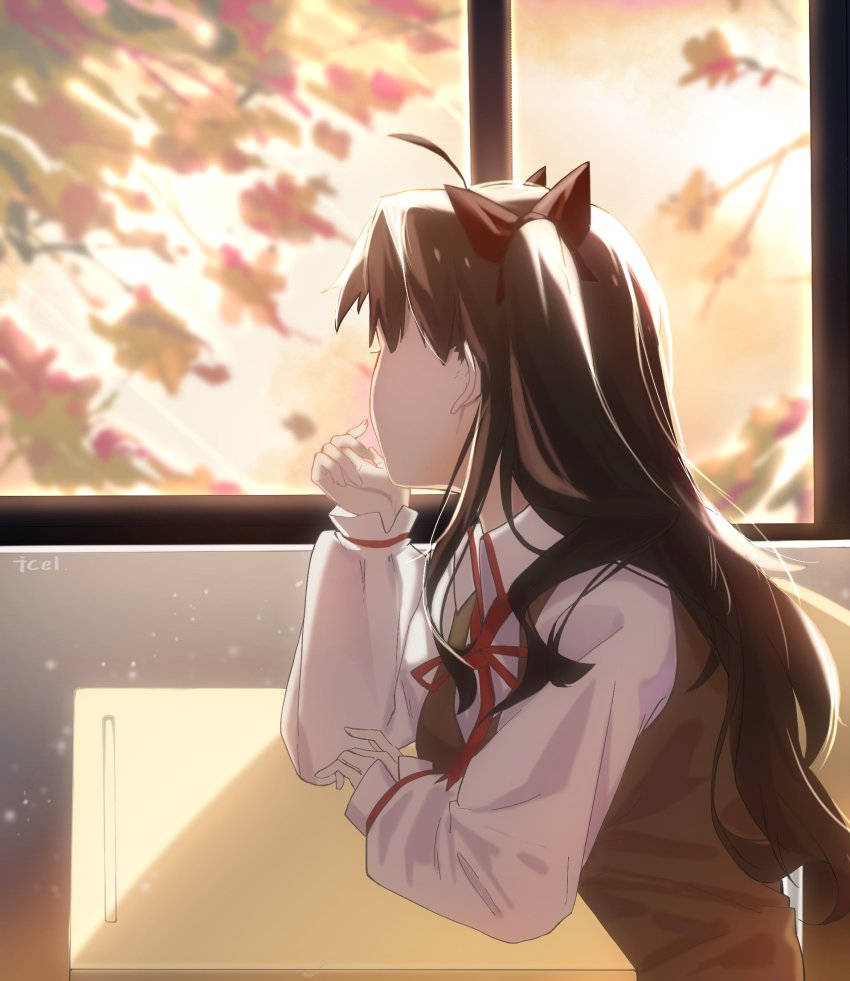 1girl, ahoge, bow, breasts, brown_hair, elbow_rest, faceless, fate/stay_night