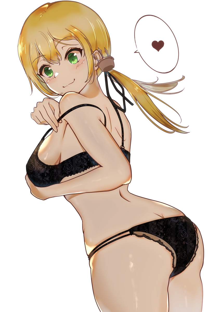 1girl, absurdres, anchor_hair_ornament, ass, black_bra, black_panties, blonde_hair, bra