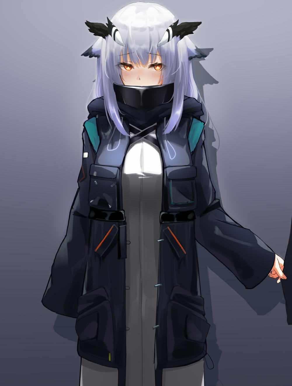 1girl, arknights, black_jacket, commentary_request, cosplay, cowboy_shot, doctor_(arknights), doctor_(arknights)_(cosplay)