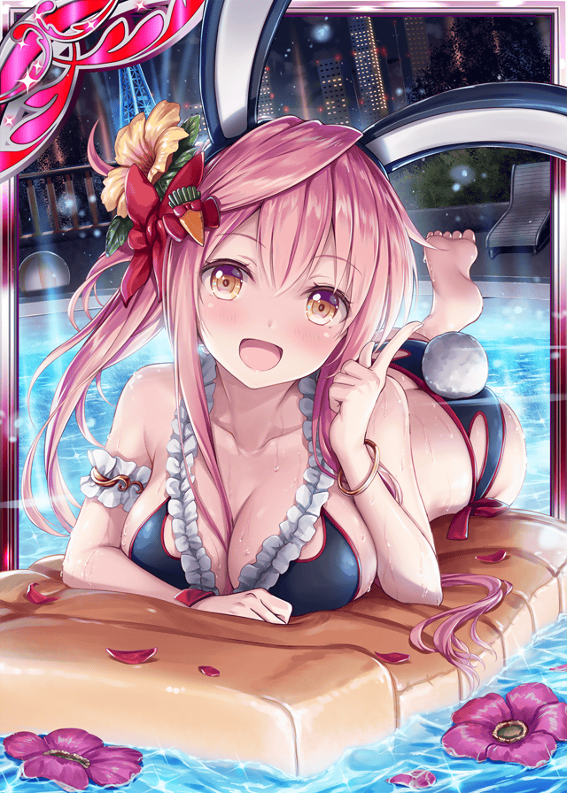 1girl, akkijin, animal_ears, beach_chair, bikini, black_bikini, bra, breasts