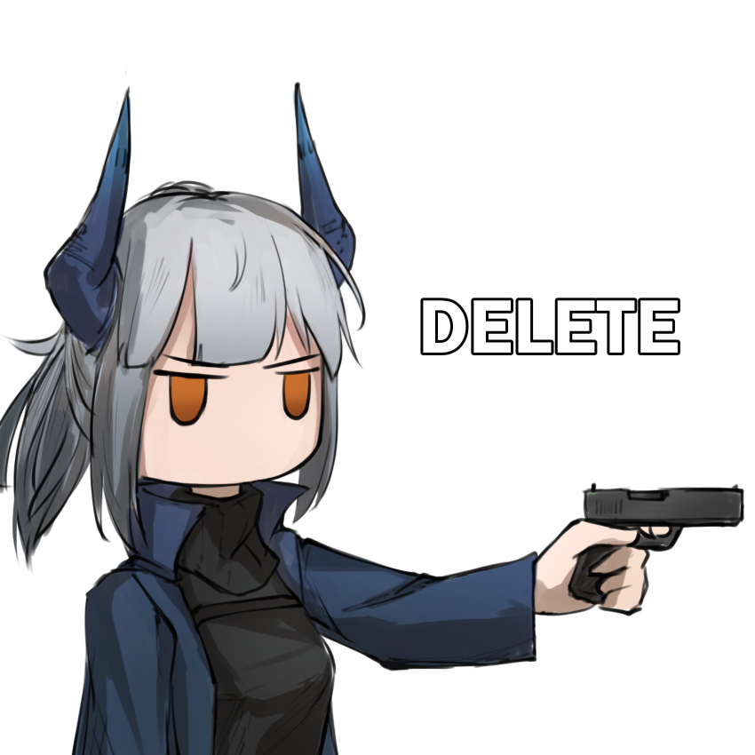 1girl, aiming, angry, arknights, black_sweater, blue_horns, blue_jacket, delete_this_(meme), dragon_girl, dragon_horns, english_text, glaring, glock, grey_hair, gun, handgun, highres, holding, holding_gun, holding_weapon, horns, jacket, krirk, liskarm_(arknights), long_hair, long_sleeves, meme, no_mouth, ponytail, self-upload, simple_background, solo, sweater, tagme, weapon, white_background, yellow_eyes