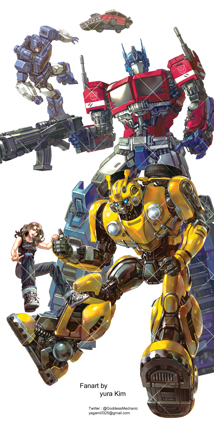 2girls, 3boys, autobot, blue_eyes, brown_hair, bumblebee, bumblebee_(movie), bumblebee_(transformers)