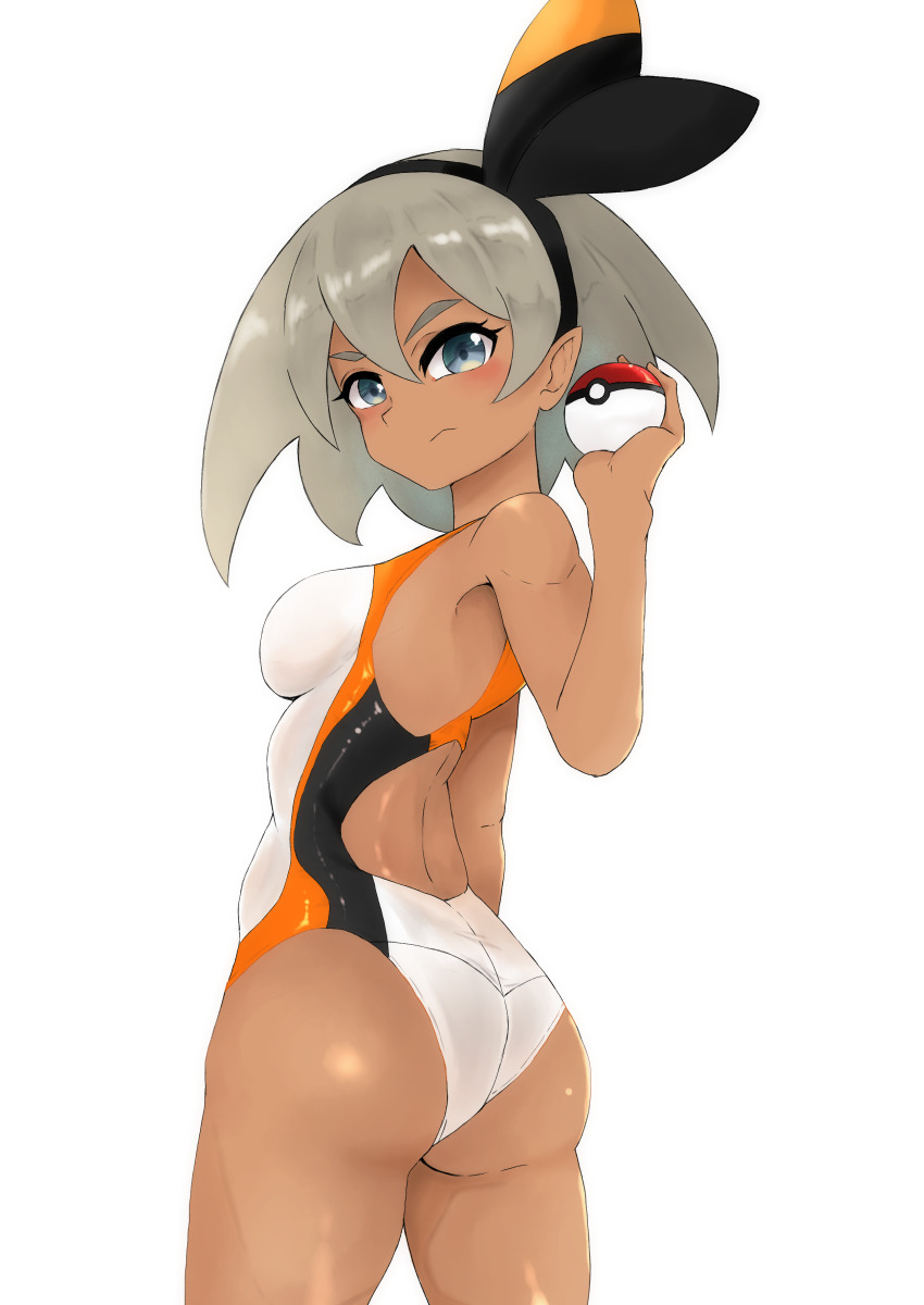 1girl, absurdres, ass, bea_(pokemon), competition_swimsuit, cowboy_shot, dark-skinned_female, dark_skin